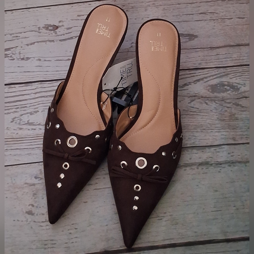 Time And Tru Women's Brown Pointed Toe Kitten Heel Mules Size 11 - Picture 6 of 6